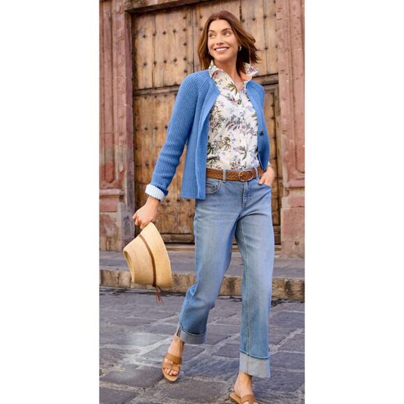 Talbots Shaker Stitch V Neck Knit Cardigan Sweater Womens Petite Large New Blue - Picture 2 of 8